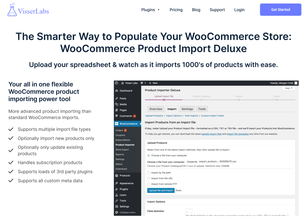 A screencap of the landing page of WooCommerce Product Importer Deluxe on the Visser Labs website