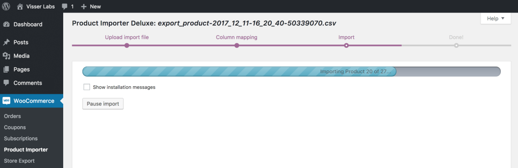 A screencap of Visser Labs' Product Importer tool on the WordPress dashboard, with a focus on import progress bar