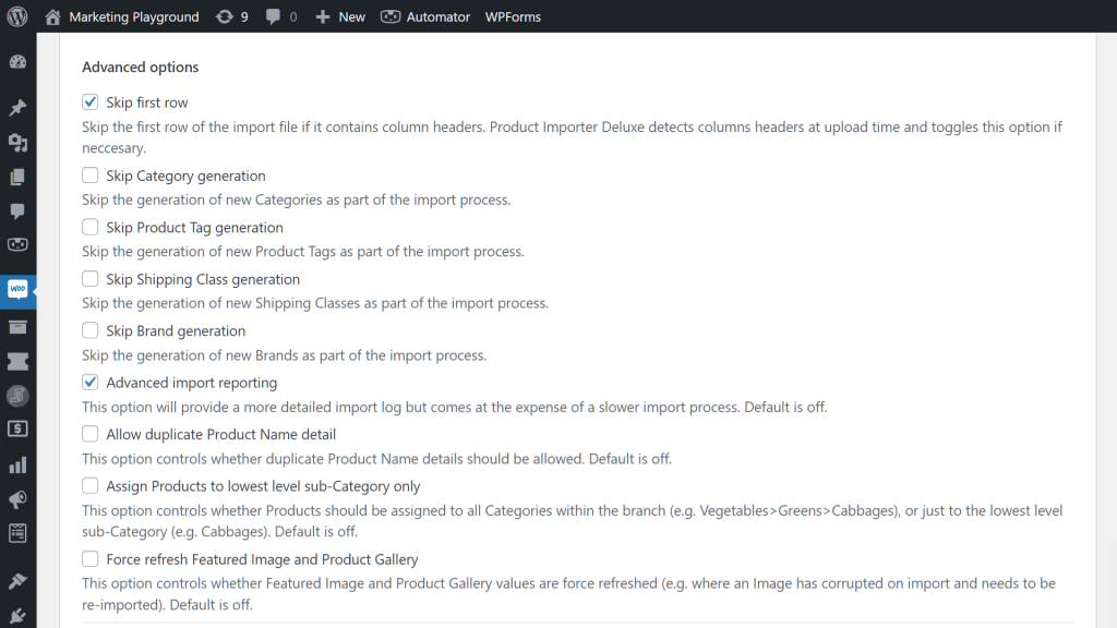 A screencap of Visser Labs' Product Importer tool on the WordPress dashboard, with a focus on the Advanced Options area