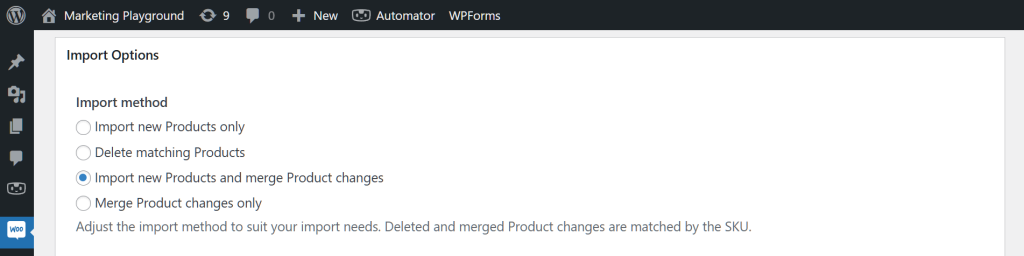 A screencap of Visser Labs' Product Importer tool on the WordPress dashboard, with a focus on "Import Options" area's "Import method" area