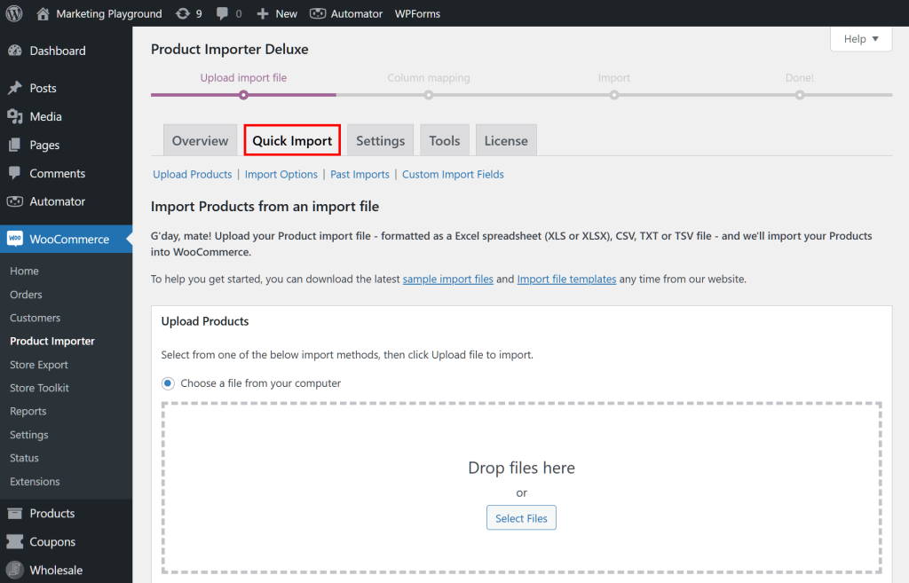 A screencap of Visser Labs' Product Importer tool on the WordPress dashboard, with the Quick Import tab highlighted