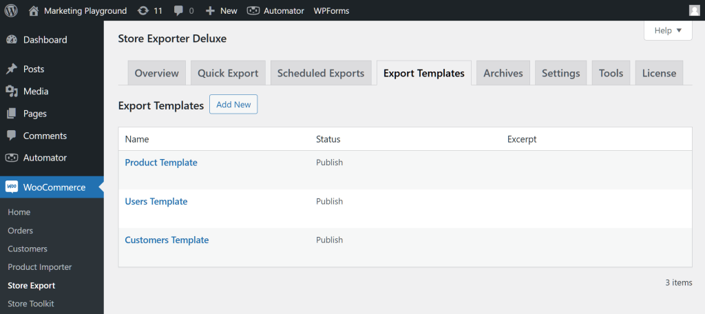 A screencap of the WordPress dashboard, showing how a data export tool can be used to collect export templates