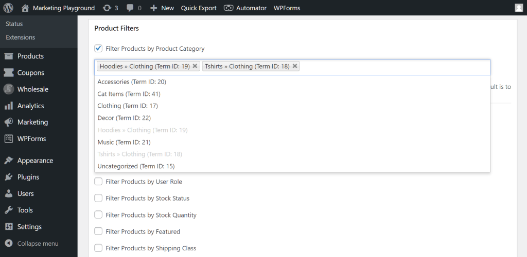 A screencap of the WordPress dashboard, showing a data export tool being configured to use product filters to filter product data by the "Hoodies" and "Tshirts" categories