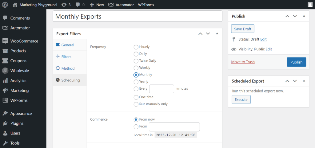 A screencap of the WordPress dashboard, showing a data export tool being configured to schedule an automated export monthly