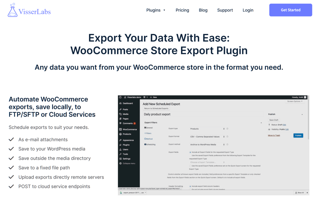 A screencap of the landing page of Visser Labs' WooCommerce Store Exporter Deluxe, a tool designed to export large quantities of product data