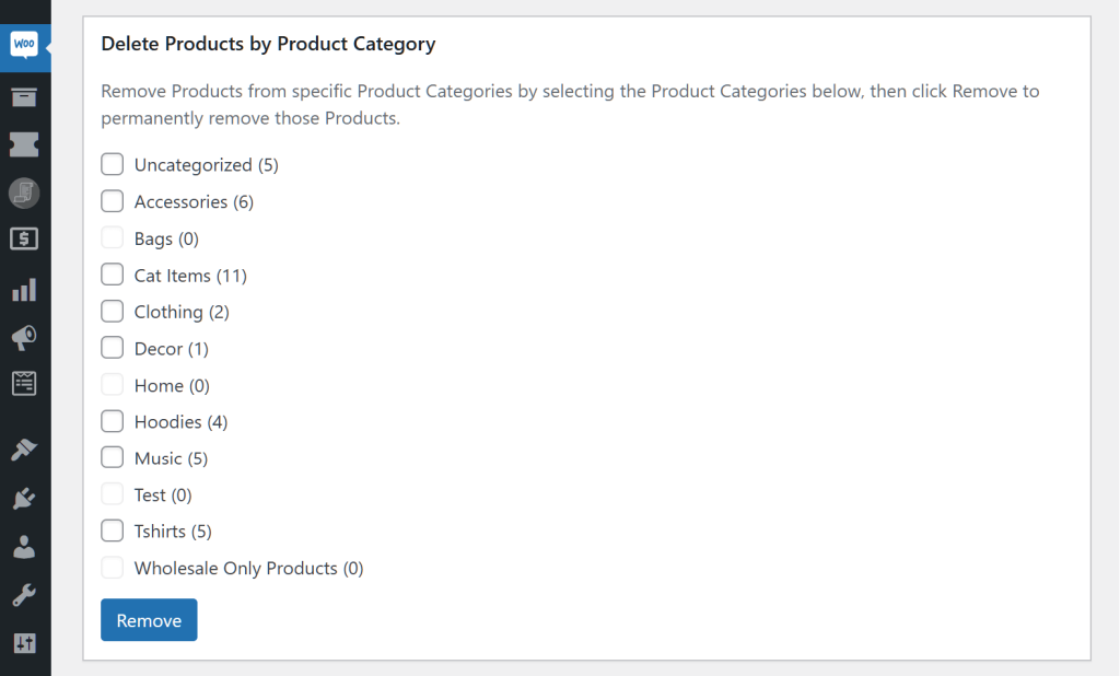 A screencap of the WordPress dashboard showing the Nuke WooCommerce page with a focus on the "Delete Products by Product Category" area