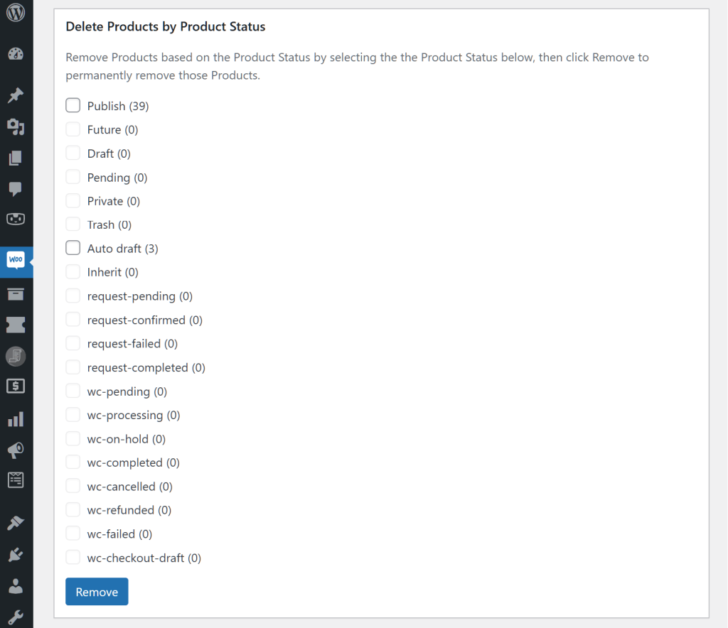 A screencap of the WordPress dashboard showing the Nuke WooCommerce page with a focus on the "Delete Products by Product Status" area