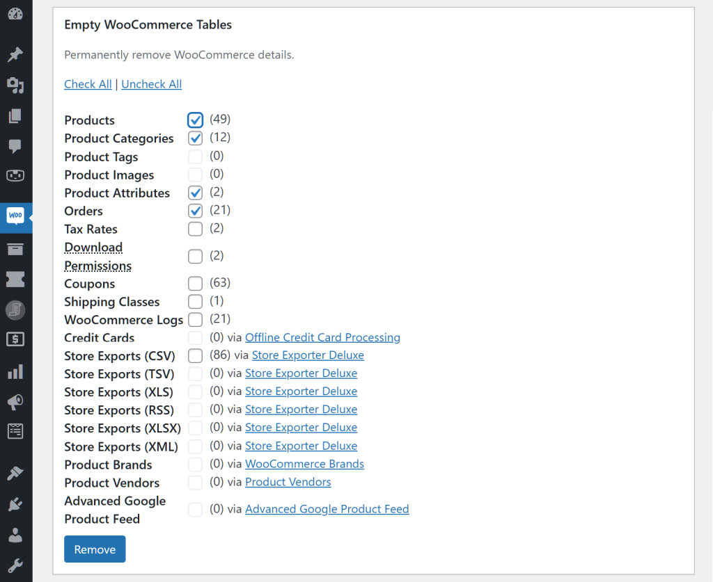 A screencap of the WordPress dashboard showing the Nuke WooCommerce page with a focus on the "Empty WooCommerce Tables" area