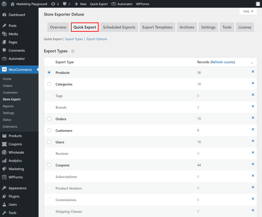 The WordPress dashboard, showing Store Exporter Deluxe's Quick Export tab highlighted and a list of Export Types