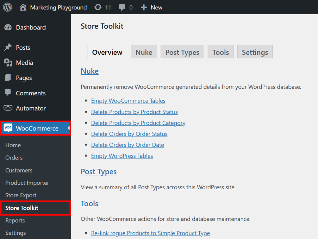 A screencap of the WordPress dashboard showing the path from the "WooCommerce" panel to the "Store Toolkit" panel to the Store Toolkit page, revealing five tabs: Overview, Nuke, Post Types, Tools, and Settings